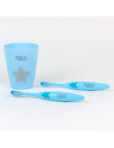 Set de 2 Cepillos dentales + Vasito Azul personalizados de Mi Pipo