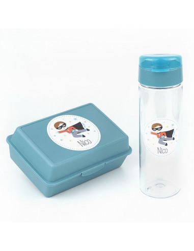 Pack Botella 600ml + Cajita Porta Alimentos Superhéroe Azul personalizadas de Mi Pipo