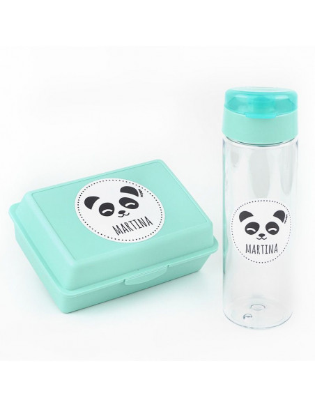 Pack Botella 600ml + Cajita Porta Alimentos Panda Menta personalizadas de Mi Pipo