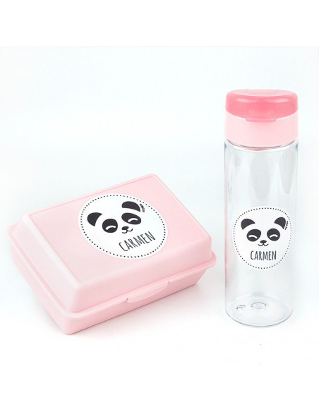 Pack Botella 600ml + Cajita Porta Alimentos Panda Rosa personalizadas de Mi Pipo