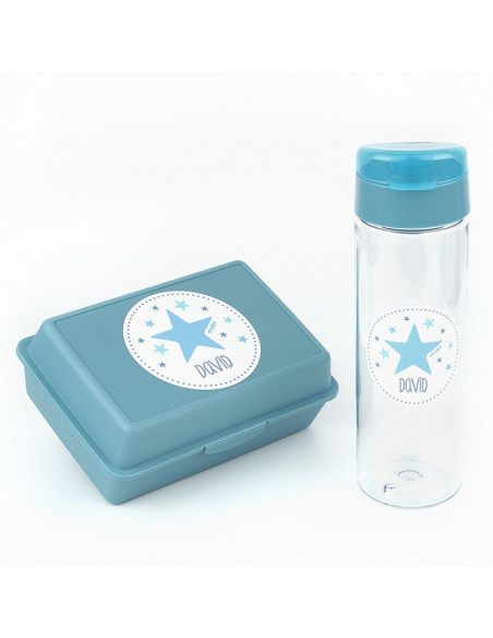 Pack Botella 600ml + Cajita Porta Alimentos Estrella Azul personalizadas de Mi Pipo