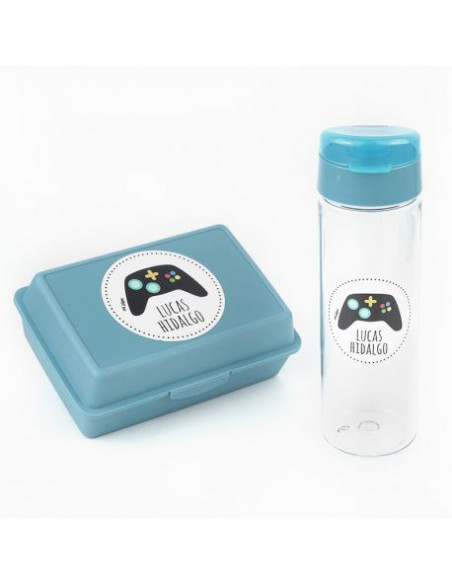 Pack Botella 600ml + Cajita Porta Alimentos Consola Azul personalizadas de Mi Pipo