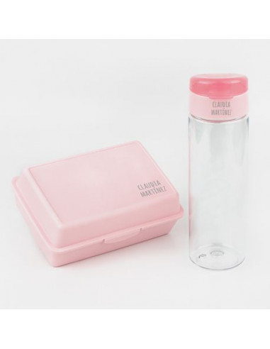 Pack Botella 600ml + Cajita Porta Alimentos Rosa personalizadas de Mi Pipo