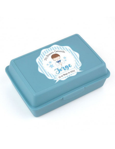 Cajita Porta Alimentos Azul personalizada Comunión de Mi Pipo