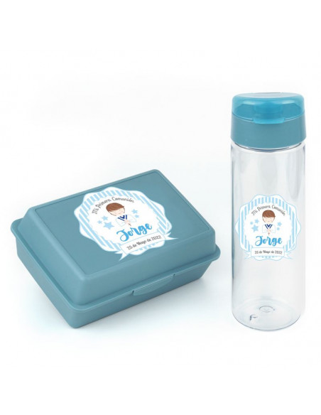 Pack Botella 600ml + Cajita Porta Alimentos Azul personalizadas Comunión de Mi Pipo